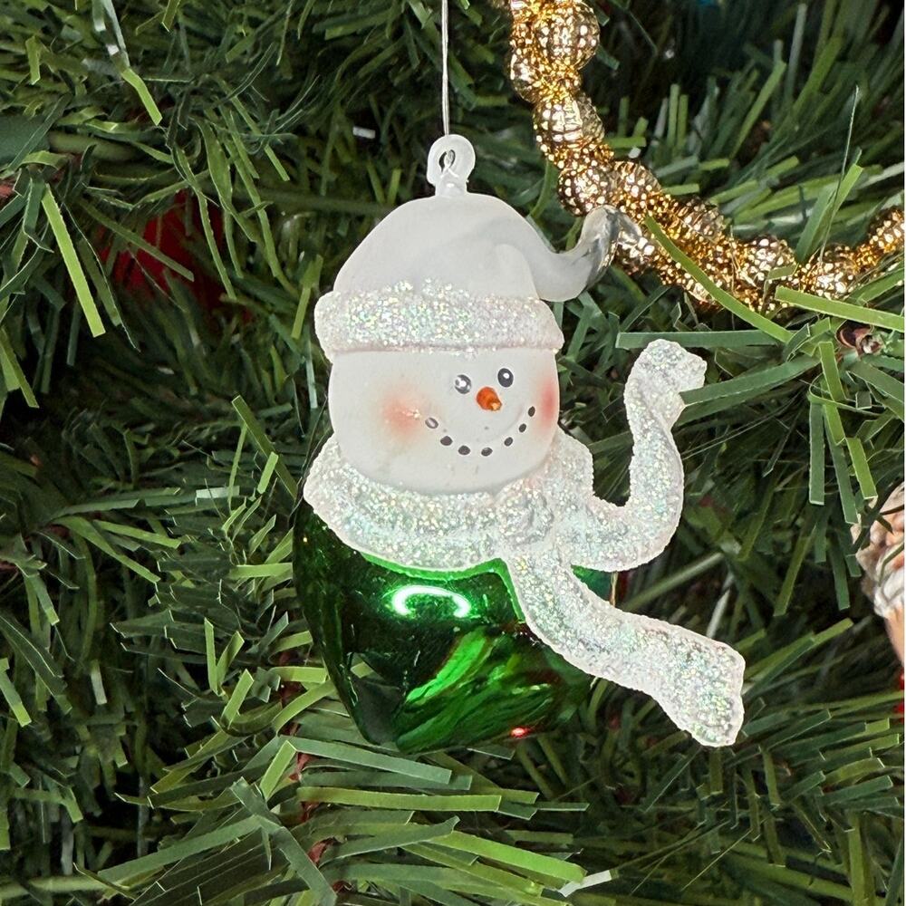 Christmas Ornament Green Jingle Bell Snowman Frosted and Glitter